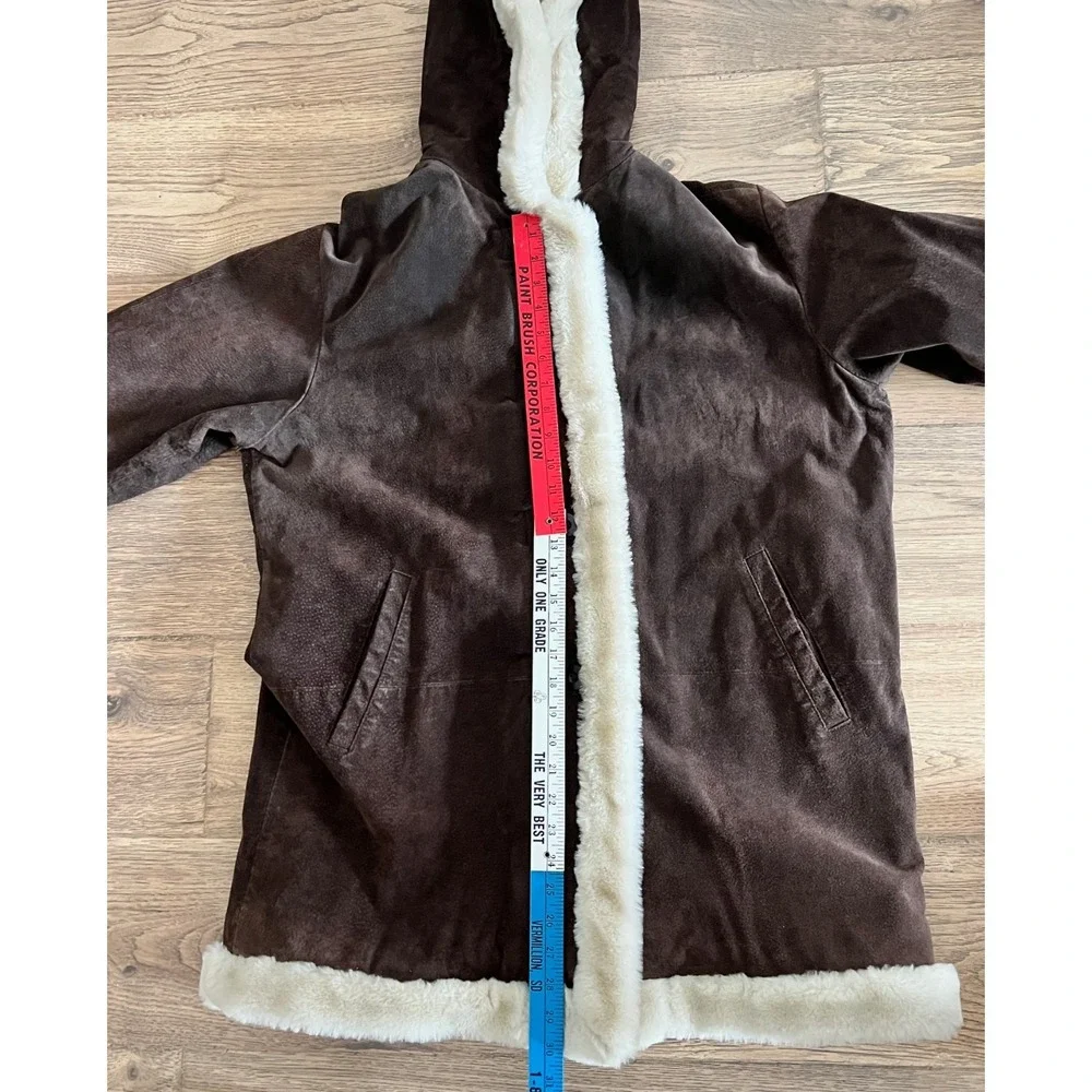 Vintage Wilsons Suede Leather Coat Womens L Brown Faux Fur Trim Hooded Excellent